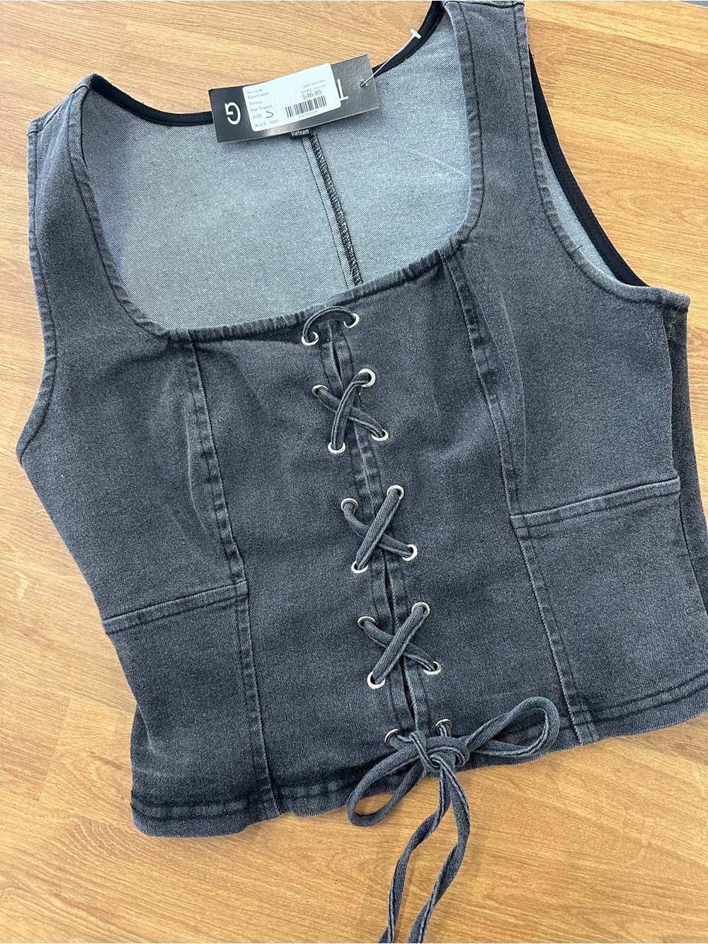 Women's Lace-Up Denim Tank Top - Black